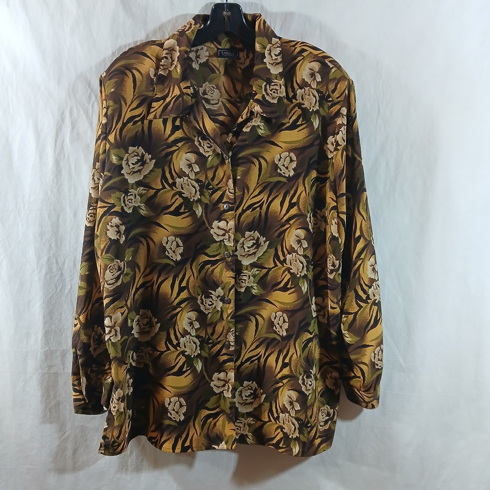 Laura Scott Womens 18W Top Brown Tan Floral Animal Print Blouse Tunic Shirt